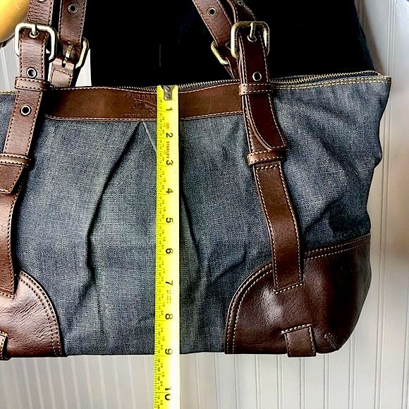 BURBERRY Denim Shoulder Bag Brown Leather Top Zip Closure Blue Label RARE - Picture 10 of 17